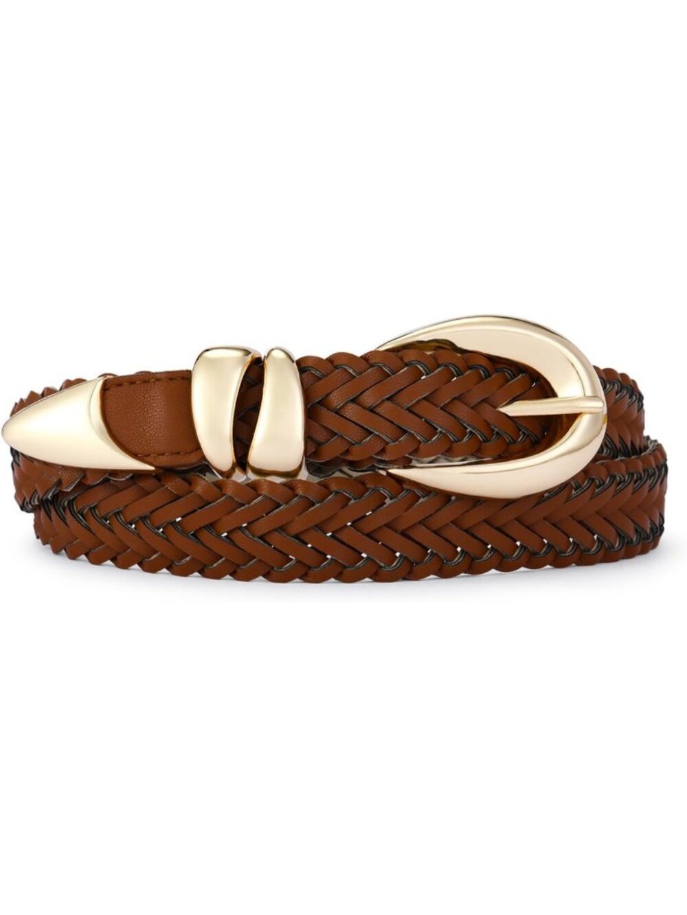 Women's Braided Brown Leather Adjustable Waist Belt For Jeans With Gold Buckle